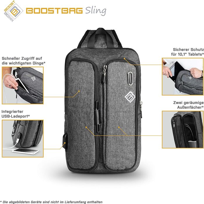 Рюкзак BoostBag One - міський рюкзак Boostboxx для ноутбука/ноутбука до 15,6 дюймів, iPad, планшета та мобільного телефону, ідеально підходить для школи, навчання, бізнесу чи роботи, сірий (BoostBag Sling (сірий))