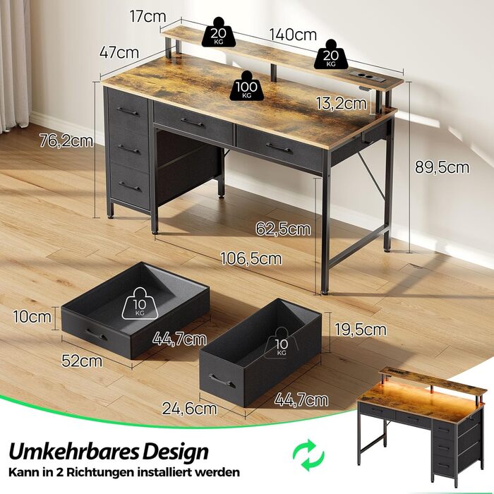 Комп'ютерний стіл Seventable з розетками та LED-підсвічуванням, 100 см, ігровий, 5 шухляд, з підставкою для монітора, для офісу, кабінету, спальні, вітальні (Вінтаж-коричневий, 140 см)