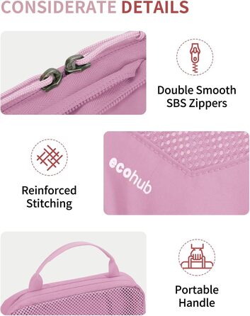 Набір органайзерів для валізи та рюкзака ECOHUB, 4 компресійні пакувальні куби з міцною сіткою та бирками, екологічні дорожні сумки для одягу (Рожевий)