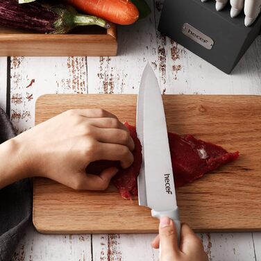 Набір ножів Hecef 14 предметів з дерев'яним блоком, професійний набір кухонних ножів з нержавіючої сталі, з шліфувальником, ножицями та ножем для стейка (сірий)