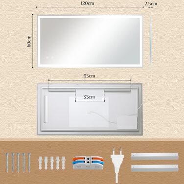 Дзеркало для ванної кімнати Clevich з підсвічуванням 80x60 см, LED, 3 кольори світла, диммування, захисне скло, сенсорне управління, функція пам'яті, антизапар, 120L x 60B см