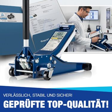 Гідравлічний домкрат NTG 3T, низькопрофільний, для авто (легкових та SUV), синій + сертифікат TÜV, висота підйому 75-505 мм