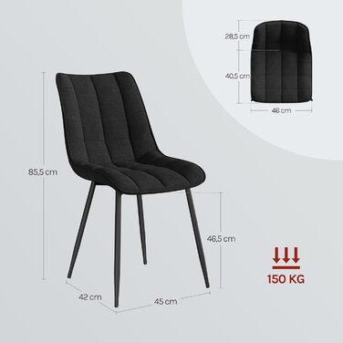 Набір з 2-х кухонних стільців WOLTU для вітальні, кухні, їдальні, чорного кольору, з м'якою спинкою та сидінням з льону, металеві ніжки, до 150 кг