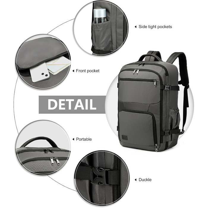 KONO Рюкзак для ручної поклажі в літак, великий, водонепроникний, 55 x 35 x 20 см, 38L, Cyangrau