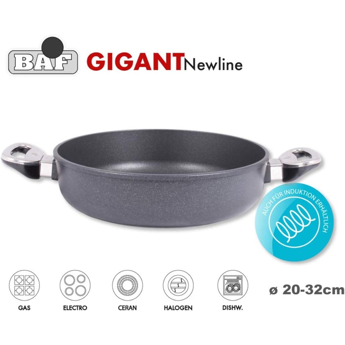 Сковорода для сервірування BAF 32 см гігантська Нова лінія, професійна лита алюмінієва сковорода з антипригарним покриттям, підходить для індукційної плити висотою 6,5 см, п