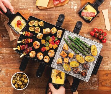Ракуетниця Russell Hobbs Raclette Grill 8 осіб з 8 сковородами та дерев'яним шпателем, 2 грильні поверхні: з натурального каменю з жолобом для соку та антипригарне поворотне решітка/Teppanyaki, гриль для піци, 26280-56