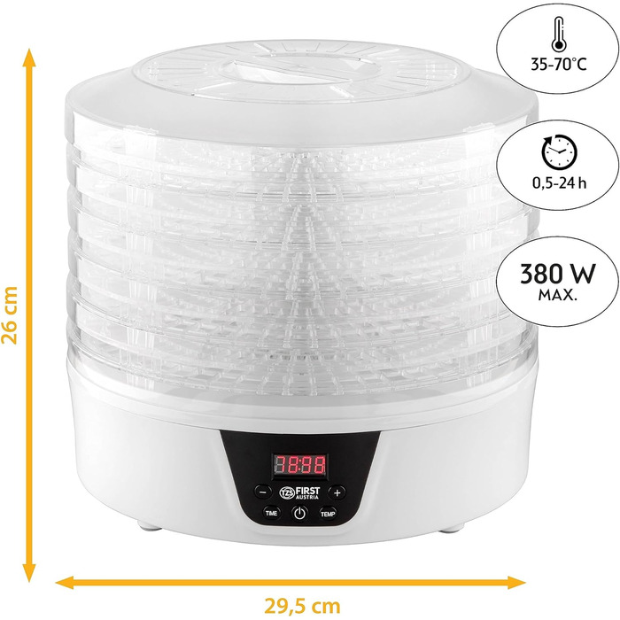 Дегідратор TZS First Austria Дегідратор для фруктів, трав, грибів та м'яса цифровий з таймером і регулятором температури 35-70C 5 полиць, полиці без бісфенолу А, дегідратор з таймером