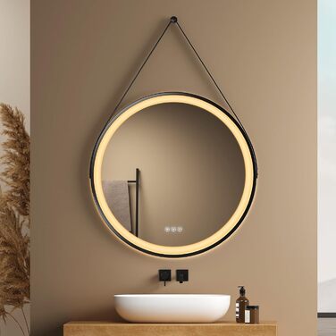 Дзеркало для ванної кімнати EMKE з підсвічуванням, діаметр 50 см, чорна рама, регульоване світло, антизапар, сенсорне управління, функція пам'яті, 80x80 см