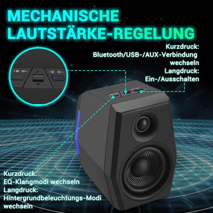 Sanyun SW209 - Комп'ютерні ігрові колонки 36W з RGB-підсвічуванням, Bluetooth 5.2, USB/AUX, 3 режими EQ (Гра/Фільм/Музика)