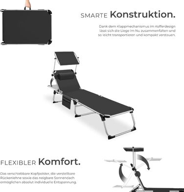 Шезлонг Tectake® з дахом: легкий, розкладний, для балкона, саду, кемпінгу та пляжу. Алюмінієвий, сірий меланж (чорний)