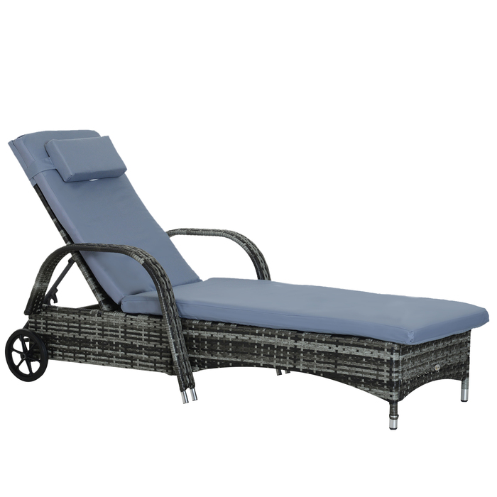 Outsunny Garden Furniture Садовий шезлонг Шезлонг мобільний з подушками, поліротанг і метал, сірий, регульований 200x73x30-103см для саду та тераси