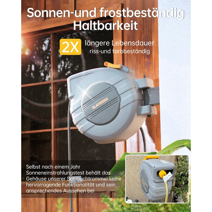 Шланговий барабан GLAHODEN з садовим шлангом 40 м + 2 м, стійкий до сонця та морозу, поворотний на 180°, настінна шланговий бокс з 9-функціональною розпилювальною насадкою