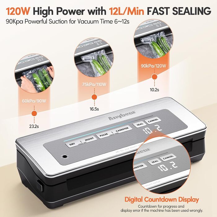 Вакууматор для продуктів сріблястий, 100 Вт, 90 кПа, з вбудованим різачем та цифровим таймером, комплект з 2 рулонами