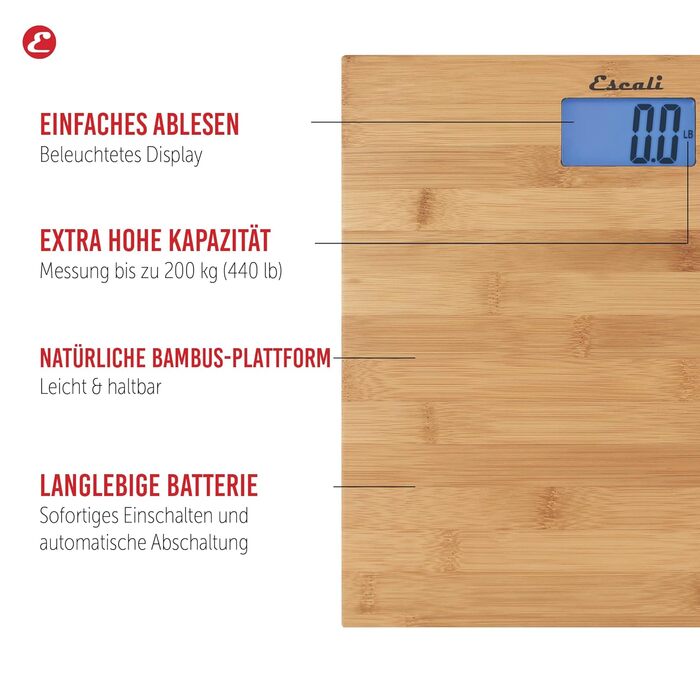 Ваги для ванної Escali ECO200, екологічні, цифрові, 200 кг, бамбук, 30x30x3 см