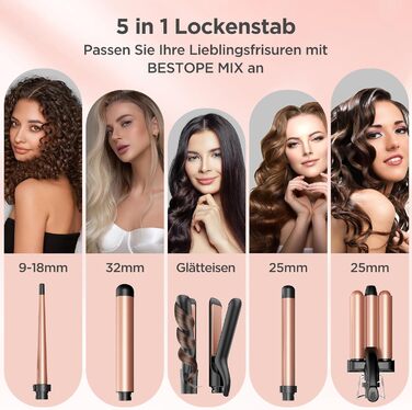 BESTOPE Набір для завивки волосся 5 в 1 з керамічним насадками, 9-32 мм, швидкий нагрів, регульована температура для короткого та довгого волосся (золотий)