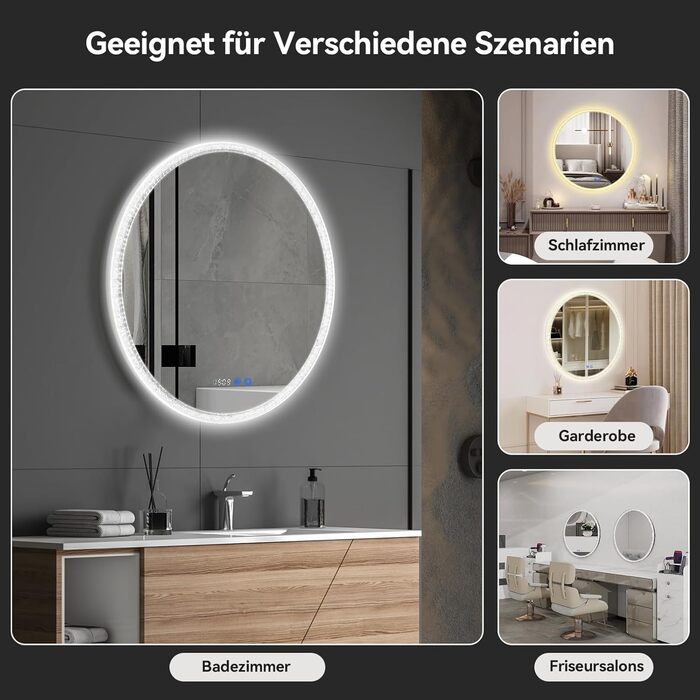 Дзеркало для ванної кімнати YOURLITE з підсвічуванням, діаметр 60 см, LED, 3 кольори, регулювання яскравості, сенсорна кнопка, антизапар, пам'ять, IP44, срібний