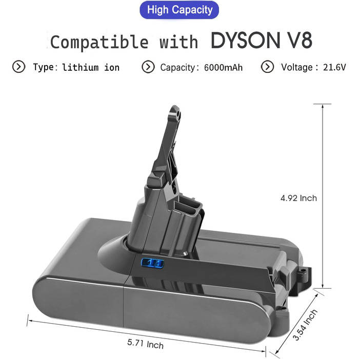 Батарея V8 6000 мАг Змінна батарея для пилососа Dyson V8 Absolute/Animal/Fluffy/Motorhead