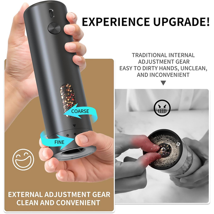 Електричний набір для солі та перцю з зарядною станцією, об'єм 110 мл, перезаряджувана соляна млинка з 5 рівнями, керамічна млинка з щіткою (1 шт, чорний)