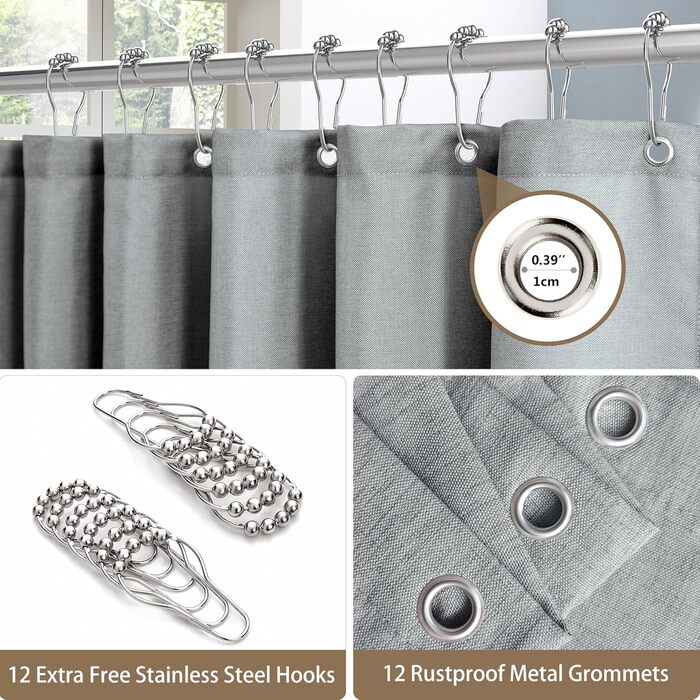Шторка для душу з льону з металевими кільцями, сіра, 182 x 214 см - Текстильна шторка для ванни, вологостійка, важка