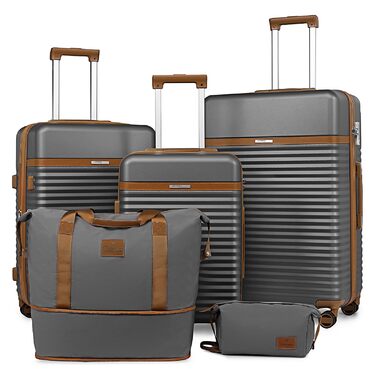 Набір валіз Joyway 5шт з ABS пластику, розширюваний, з TSA-замком, 4 колеса, сірий. Включає: валізу, велику сумку, косметичку.