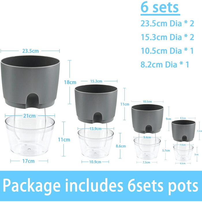 Набір горщиків для квітів та трав 6 шт. з автополивом, сірий - 22.3/15.3/10.5/8.2 см