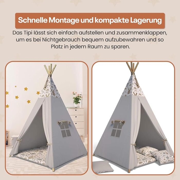 Тіпі-намет для дітей | Ігровий намет для дитячої кімнати | Намет-вігвам з м'якими подушками | Міцний намет-вігвам у стилі індіанців | Безпечний намет-вігвам для дому | Сірий намет-вігвам з тваринами для дитячої кімнати