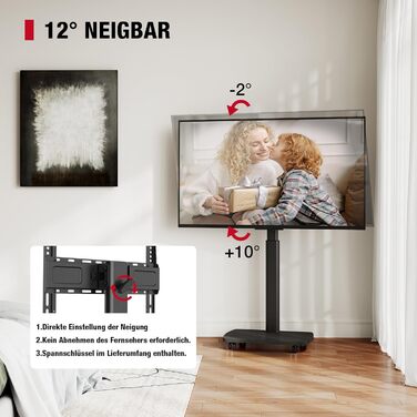 Підставка для телевізора на колесах з полицею, чорна, поворотна, регульована по висоті, VESA 400x400, для телевізорів 32-65 дюймів