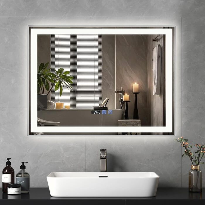 Дзеркало для ванної кімнати YOURLITE з LED-підсвічуванням 100x60 см, сенсорне управління, годинник, антизапар, 3 кольори світла, регулювання яскравості, функція пам'яті, білий (срібло)