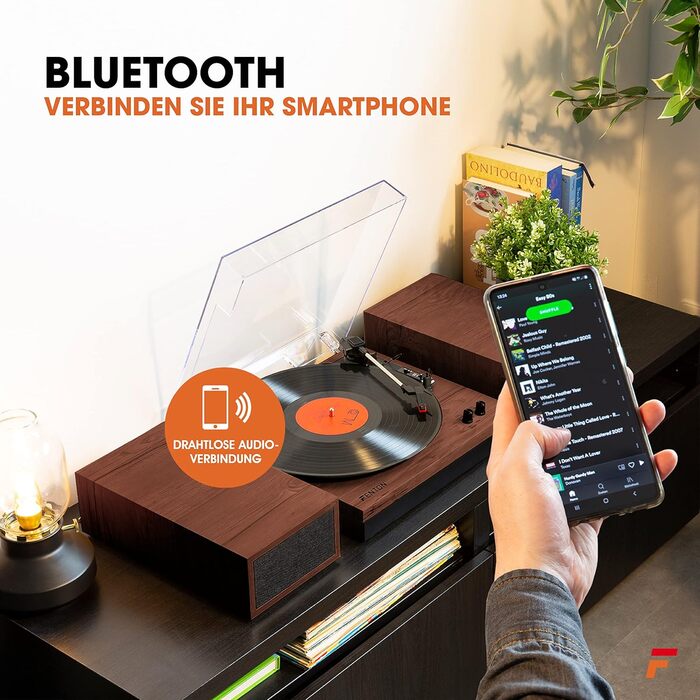 Вініловий програвач RP165B з Bluetooth, вбудованими динаміками, автостопом і кришкою, ретро-стиль, коричневий (вишневе дерево)