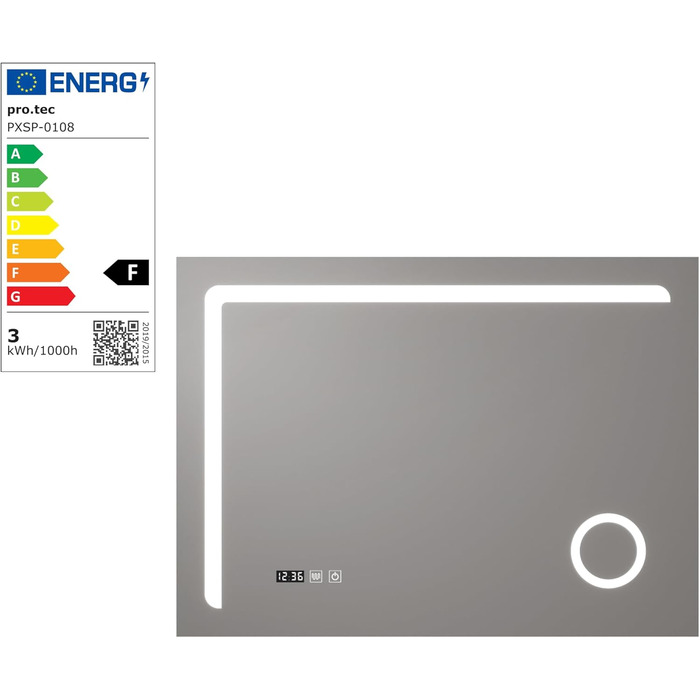 Дзеркало для ванної кімнати pro.tec LED Chambave з підсвічуванням, 3 кольори світла, вертикальне, з лупою та годинником (60 x 80 см, срібне)