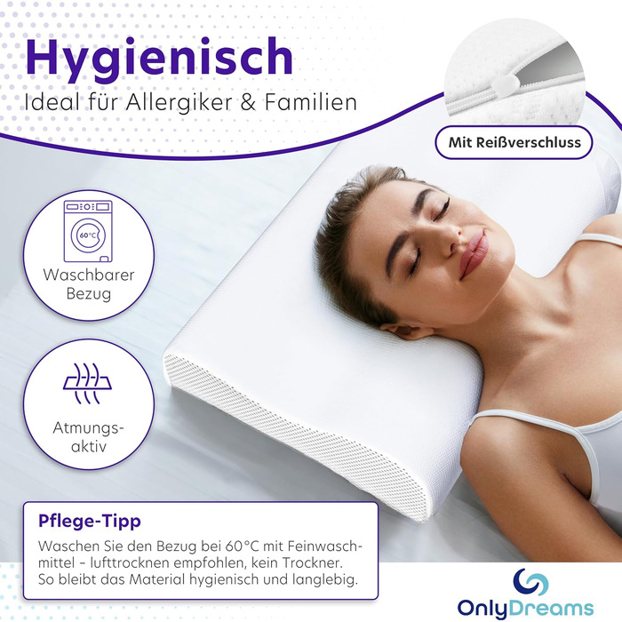Ортопедична подушка для шиї OnlyDreams з гелевим шаром | Регульована висота + вибір жорсткості | Чохол з алое вера | Підходить для сну на спині, животі та боці - Оeko-TEX® (Memory Foam, 60x32x12/10 см)