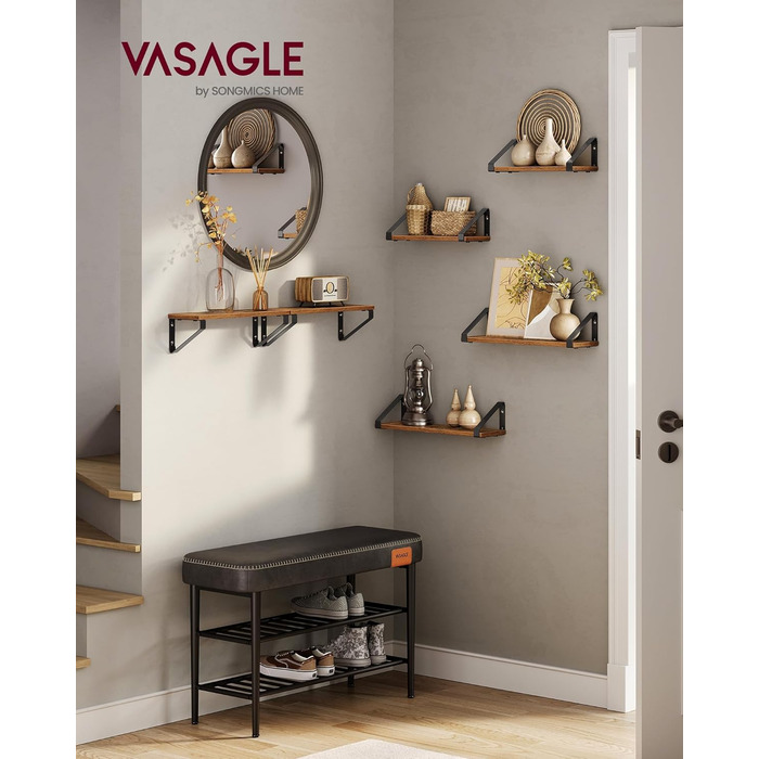 Настінна полиця VASAGLE, 6 шт. у наборі, 30/35/40 см, вінтажний коричневий + матовий чорний, для вітальні, кухні, кабінету, ванної кімнати