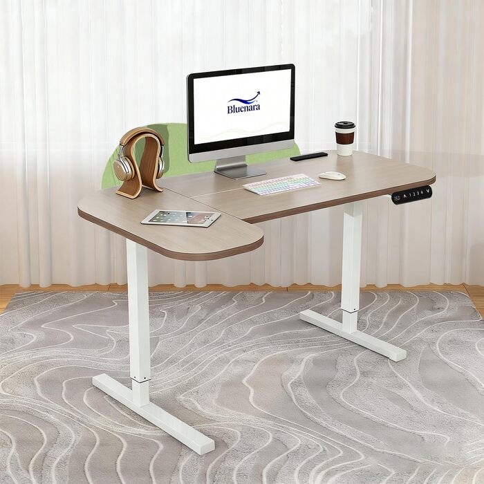 Електричний кутовий стіл з регулюванням висоти 150 см, L-подібний, з 4-ма пам'ятями, з'єднувальною панеллю, для дому та офісу (150x68 см, світло-коричневий/зелений)