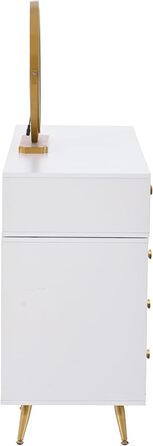 Туалетний столик Merax з дзеркалом та LED-підсвіткою, з бічною шафкою, 6 висувними ящиками та золотими ручками, білий, 102x100x41.5 см (без табурета)