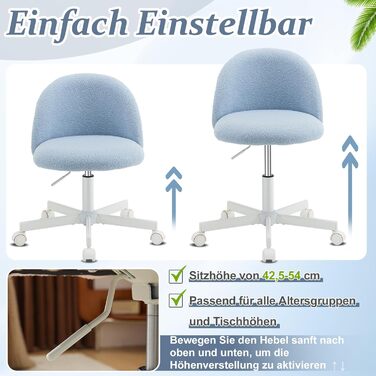 Офісне крісло Bonnlo з роликами, крісло для туалетного столика, регульоване по висоті, для робочого кабінету, спальні, home office, з м'якої тканини Teddy, біле (світло-блакитне)