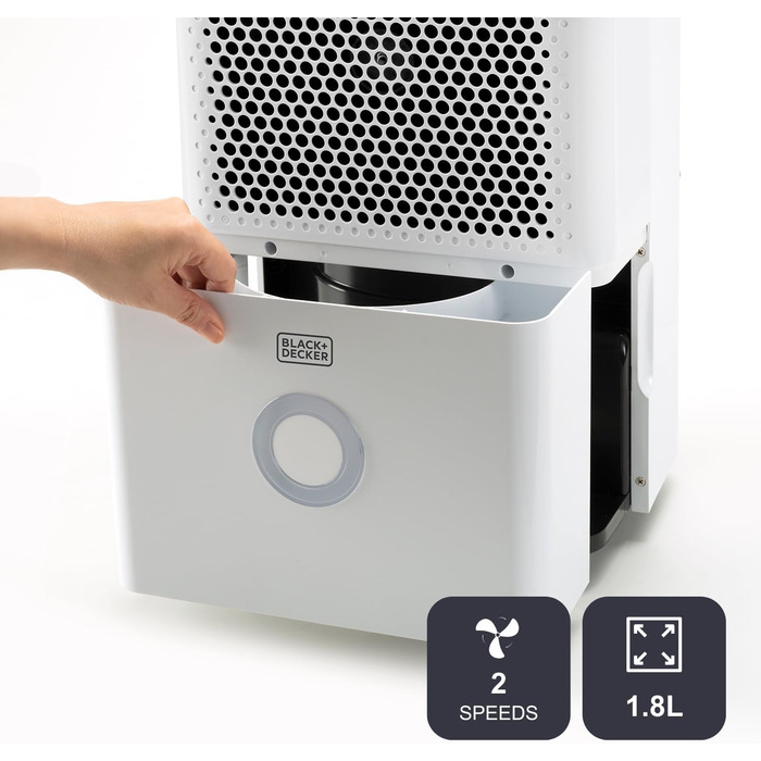 Зволожувач повітря BLACK+DECKER BXDH12E, 12 л/24 год, функція сушіння, 2 швидкості, резервуар 1.8 л, програмування 24 год, знімний та миючий фільтр, до 25 м², тихий