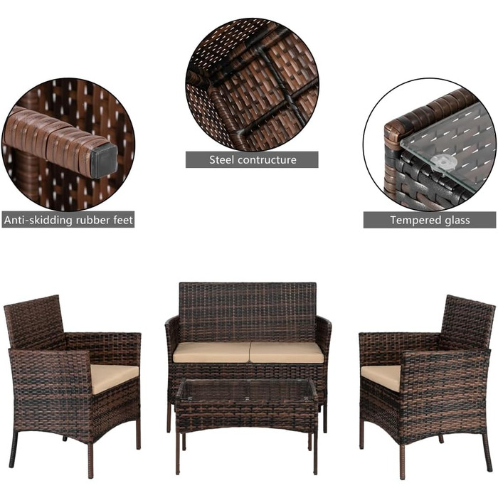 Набір садових меблів Leadzm: комплект для балкона, тераси або саду. Полирожний ротанг, стійкий до погодних умов та UV-захистом. Комплект включає: диван на 2 особи, 2 крісла, місця для 4 осіб. Колір: коричневий.