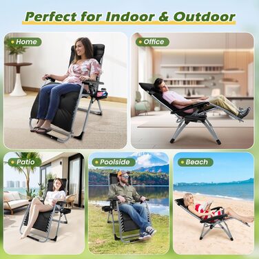Розкладне шезлонґ для саду та басейну, широке крісло для відпочинку 72 см, з подушкою, чорний, витримує до 200 кг