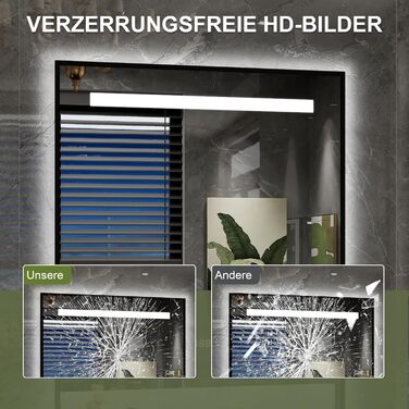Дзеркало для ванної кімнати YU YUSING 80x60 см з підсвічуванням LED, 3 кольори світла, регулювання яскравості, антизапарник, сенсорне управління, таймер, загартоване скло, IP44 (чорний з полицею)
