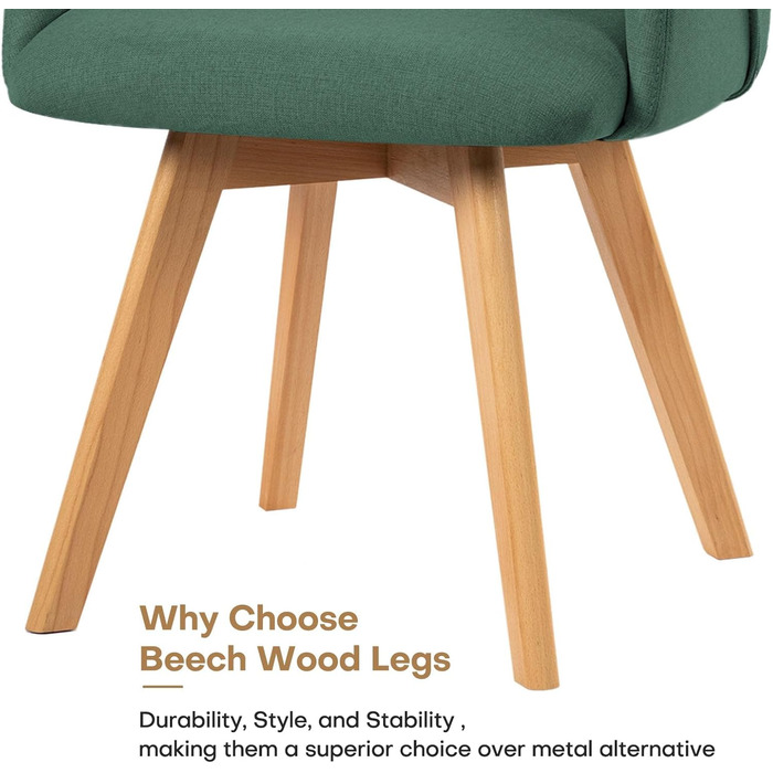 Обідні стільці Bekrvio набір 2 шт. з поворотним механізмом та підлокітниками – 360° поворотний стілець для обідньої кімнати, стілець до обіднього столу, поворотний стілець з тканини льон, стілець для обідньої кімнати з масивними ніжками з бука, м'які обідні стільці, жовтий (6 шт., льон зелений)