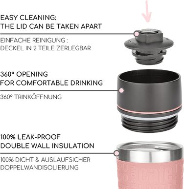 Термоси Milu з нержавіючої сталі I підходять для миття в посудомийній машині і на 100 герметичні-ізоляційні чашки Кавові чашки to go - Чашки для пиття - ізоляція з подвійними стінками - Дорожня кружка (380 мл (гравірування), рожева)