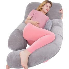 Приголомшлива подушка для всього тіла 153 см / подушка для годування, подушка для вагітних, дуже велика подушка U-подібної форми зі знімною стороною, окремою підтримуючою подушкою і знімним чохлом (сірого кольору)