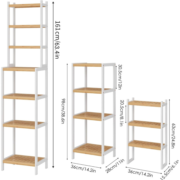 Стелаж для ванної кімнати та кухні FOREHILL з 7 полицями (160x36x28 см) - бамбук та білий
