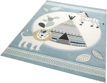 Килим-мрія, килим для дитячої кімнати, килимок для ігор, намет для індіанців, лев, зебра, кактус, розмір (120x170 см, синій кремово-сірий)