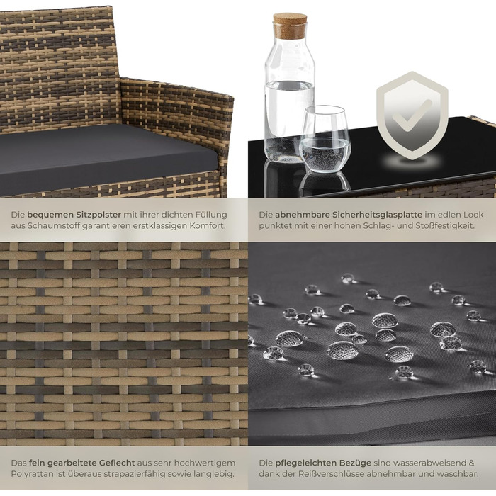 Набір садово-розкладних меблів tectake® з ротангу: банкетка, 2 крісла, столик, подушки, для балкона/тераси
