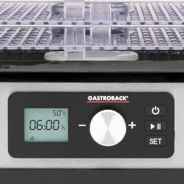 Дегідратор Gastroback 46600, 6 решіток, 2 форми для мюслі, 4800 см, 35-70C, таймер на 72 години, сріблястий/чорний