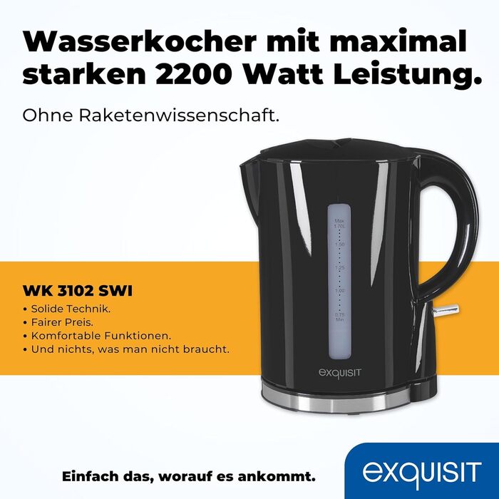 Чайник Exquisit WK 3102 swi Електричний чайник об'ємом 1,7 літра 2200 Вт Проти вапняного нальоту Захист від перегріву та сухого ходу чорний
