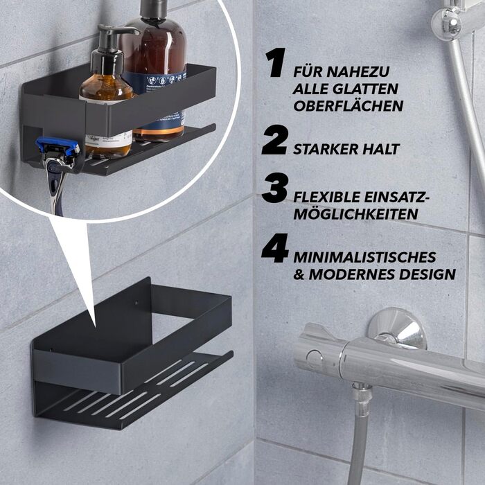 Набір душових полок BENKSTEIN 2 шт. | Без свердління | Кріпиться без свердління | Органайзер для душу, полиця для шампуню та гелю для душу | Чорний, для ванної кімнати