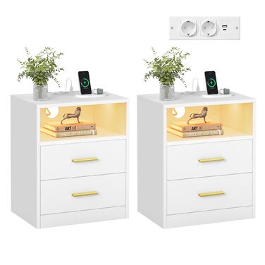 VASAGLE Custos: Набір з 2 тумбочок з LED-підсвіткою та зарядкою, білий, з шухлядами та USB-портами