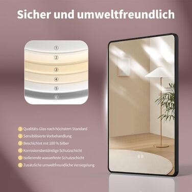 Дзеркало для ванної кімнати HOKO LED Texas 60x80 см / 80x60 см з підсвіткою, підігрівом проти запотівання та чорним металевим каркасом. Можливість встановлення HOCH+QUER. Сенсорне керування, зміна кольору світла 2700-6500K (тепле біле - холодне біле - ней